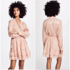 Ulla Johnson Della Dress Blush Lurex Striped Ruffle Long Sleeve Dress Sz S EUC